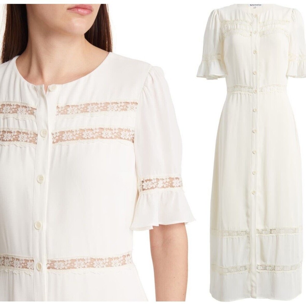 Reformation Woodson Lace Insert Midi Dress Ivory  Button Front Size 0